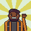 Rajesh drawn as a pixel character, waving in front of a sunburst